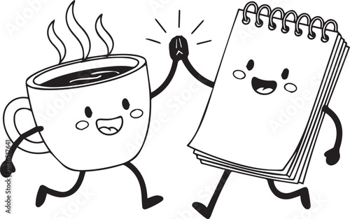Cartoon Coffee Cup and Notebook Character High Five Celebrating Success
