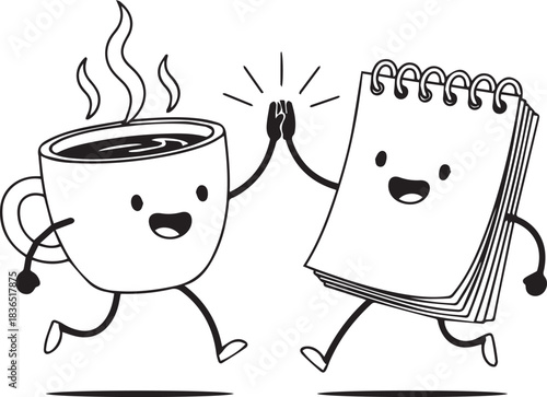 Cartoon coffee cup and notebook doing a high five black line