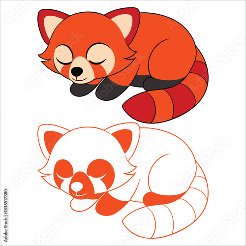 Adorable red panda sleeping cartoon vector illustration, Adorable red panda outline.