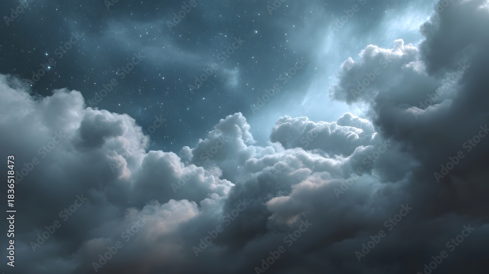 Fototapeta premium A dramatic dark and atmospheric night sky filled with heavy storm clouds and distant twinkling stars