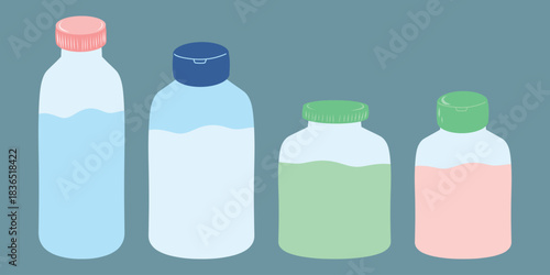Bottle set illustration. Cosmetic and drink bottle collection, product mockup icons
