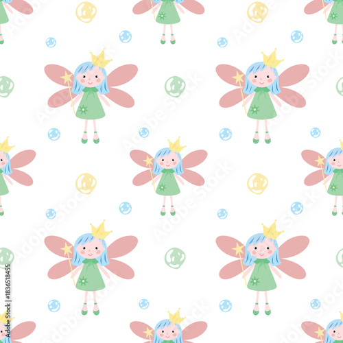 Tooth fairy and bubbles seamless pattern, nursery background. Fairy character repeat pattern, pastel kids wallpaper. Magic fairy and rainbow pattern, child decor tile