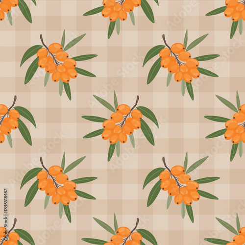 Buckthorn on plaid seamless pattern, rustic tile. Sea buckthorn plaid background, botanical tartan motif. Orange berry plaid pattern, harvest textile tile