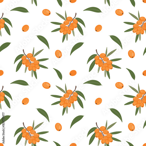 Sea buckthorn berry seamless pattern, botanical background. Buckthorn berries and leaves, seamless tile. Orange berry motif, nature pattern illustration