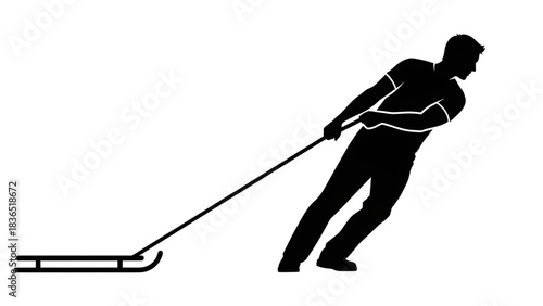 Dynamic silhouette of a person expertly pulling a sled across snow during an intense winter sport activity