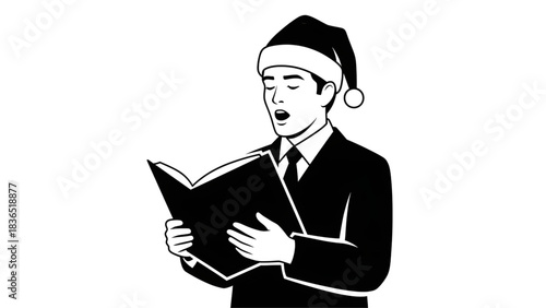 Elegant outline of a person wearing a Santa hat reading carols in the dark creating a festive holiday mood