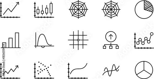 Data visualization icon set, pie chart, bar graph, line chart, radar chart, scatter plot, candlestick chart, vector illustration for analytics, reporting, dashboard