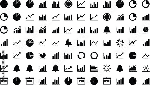 Data visualization icon set, pie chart, bar graph, line chart, radar chart, bell notification, presentation board, vector illustration for analytics, dashboard, UI