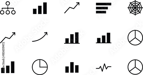 Data visualization icon set, pie chart, bar graph, line chart, radar chart, scatter plot, infographic elements, vector illustration for analytics, dashboard, reporting