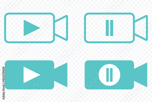 Video camera icon. Camcorder pictogram. Film or cinema sign. Multimedia symbol. Video preview button. Video recording designation. video camera control icon set featuring play and pause symbols ui web
