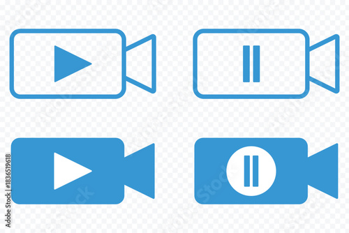 Video camera icon. Camcorder pictogram. Film or cinema sign. Multimedia symbol. Video preview button. Video recording designation. video camera control icon set featuring play and pause symbols ui web