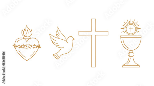 A clean, minimalist vector line art illustration featuring four essential Christian symbols, the Sacred Heart, the Holy Spirit Dove, the Cross, and the Eucharist.