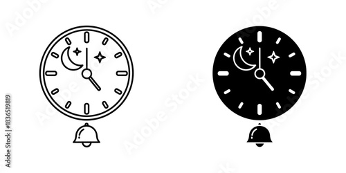 Dreamy bedtime reminders with moon and stars, perfect for sleep apps and kids' room decor, simple black and white clock icons with a bell included