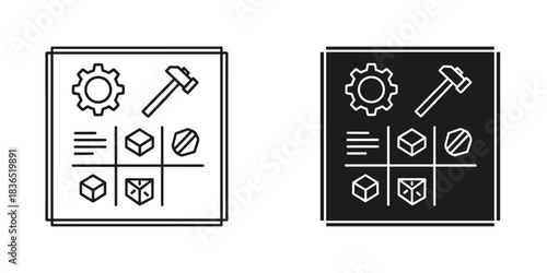 Engineering icons showcase industrial processes and manufacturing, perfect for technical illustrations and modern design projects requiring a clean, precise style