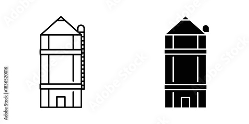 Two minimalist water tower icons in black and white showcase simple architectural design and industrial themes, offering a clear visual statement