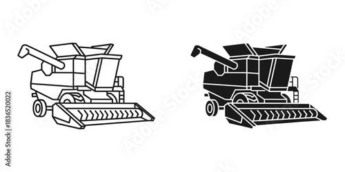 Modern combine harvester icon set in black and white, a symbol of agriculture, farming and harvest season, perfect for logos and designs