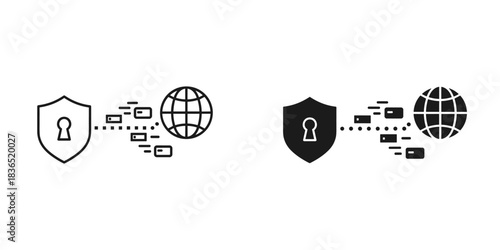 Secure global data transfer with world icon and shield, illustrating network security and protection for online transactions and communication worldwide