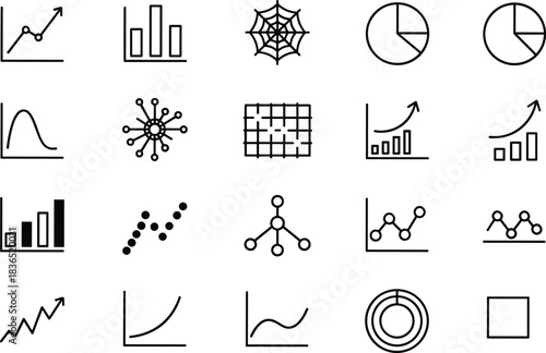 Set of business data analysis line icons including graphs, charts, and diagrams for finance, marketing, and statistics reports in black outline vector style