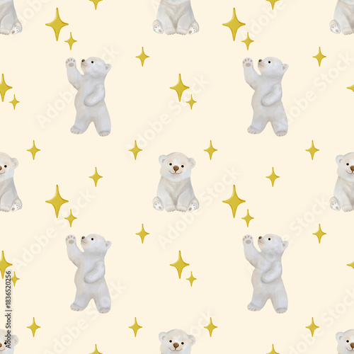 Seamless pattern with polar bears. Watercolor bear, children's paper, seamless pattern with teddy bear.