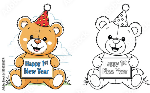 Cute teddy bear holding Happy 1st New Year sign coloring page. Vector illustration of cartoon bear with party hat for kids educational activity or greeting card.