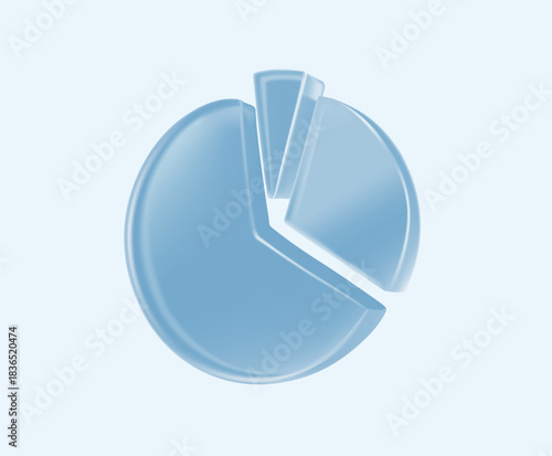 3D glossy blue pie chart icon with transparent glass effect. Business and finance infographic element. Modern data