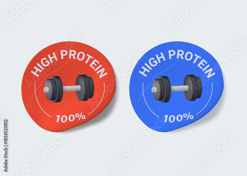Round sport sticker with High Protein sign and dumbbell. Nutrition healthy eating badge in shadow button design. 3D