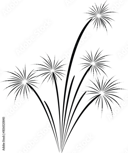 Stylized black and white exploding firework elements