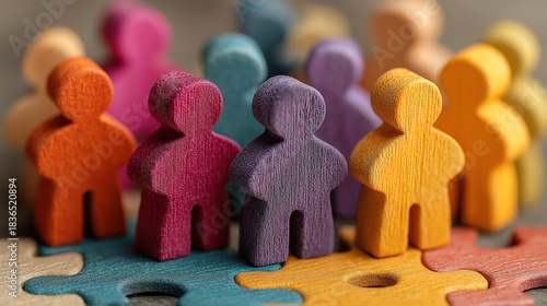 Teamwork and diversity shown by colorful wooden figures joining on jigsaw pieces