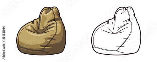 Comfortable brown bean bag chair illustration in a relaxed style for a modern and cozy home living room or children's playroom seating furniture