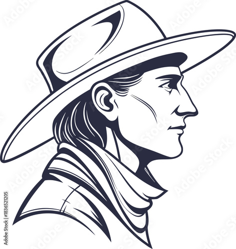 Vintage Cowboy or Cowgirl Head Profile in Hat and Bandana