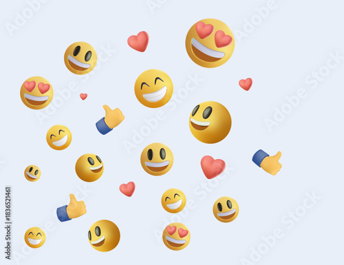 Social media react emoji icons scattered on a white background. Ssocial media reactions. feedback or interactive icons