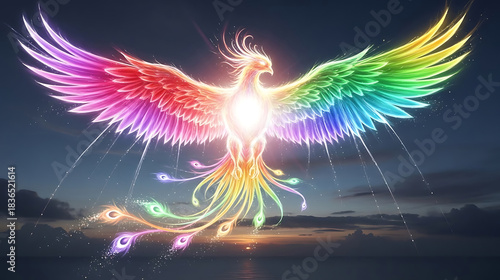 Majestic rainbow phoenix rising from darkness