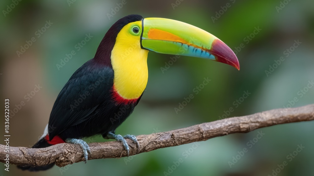Fototapeta premium Colorful Toucan Perched on a Branch in a Tropical Jungle Canopy Showing the Abundance of Wildlife and Natures Beauty