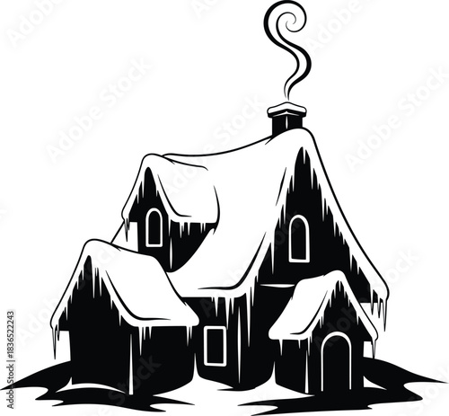 Snowy winter house with warm smoke from its chimney
