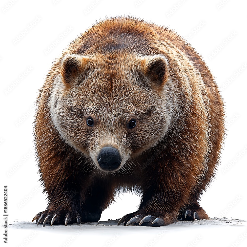 Fototapeta premium Front view of a large brown bear with sharp claws on a photo white background animal wildlife