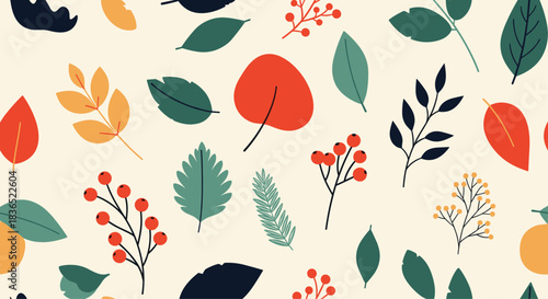Cozy and warm seamless pattern featuring a variety of colorful autumn leaves and red berry branches on a soft, light beige background.