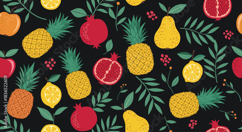 Exotic and vibrant seamless pattern of tropical fruits like pineapple, pomegranate, and pear against a dark background with lush green leaves.