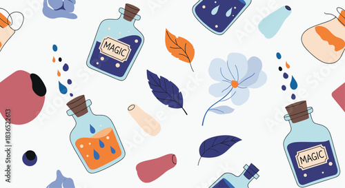 Creative seamless pattern featuring whimsical magic potion bottles, flowers, leaves, and abstract shapes, creating a charming fantasy-themed background.