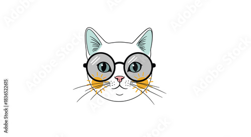 Charming hand-drawn illustration of a cute white cat's face wearing large, round glasses with a touch of color, perfect for a quirky, modern design.