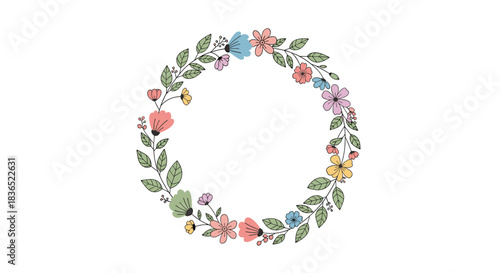 Delicate hand-drawn floral wreath featuring a variety of pastel-colored flowers and green leaves with a subtle stitched or dashed line detail.