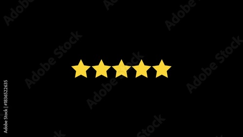 Online customer satisfaction review survey rating stars icon animation. Five stars give feedback isolated on black background. 4k video