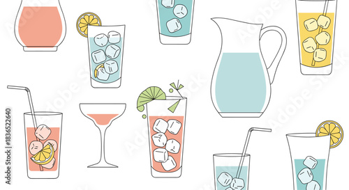 Refreshing seamless pattern of various summer cocktails and drinks in glasses and pitchers, illustrated in a minimalist line art style with pastel colors.