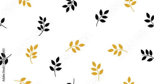 Elegant and chic seamless pattern of simple black and gold leaf sprigs scattered across a clean white background for a modern, luxurious feel.