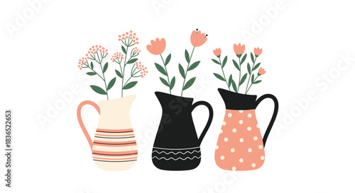 Charming illustration of three decorative pitchers in different patterns and colors, each holding a lovely bouquet of simple pink flowers and green stems.