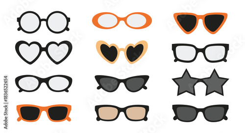 Stylish and diverse collection of twelve different pairs of sunglasses and eyeglasses in various shapes and colors, from classic to quirky and modern.