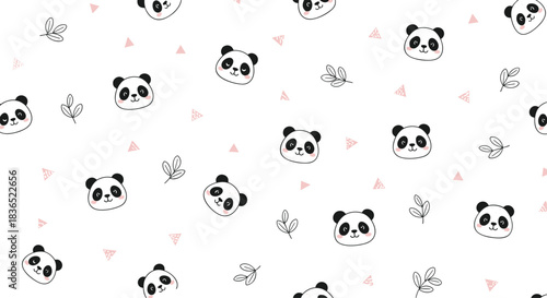 Adorable seamless pattern for kids featuring cute, hand-drawn panda bear faces with pink cheeks, scattered among simple leaves and pink triangles.