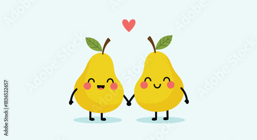 Sweet and adorable illustration of a kawaii pear couple holding hands with smiling faces and rosy cheeks, with a small pink heart floating above them.