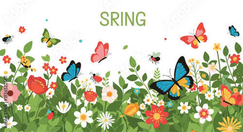Vibrant and lively panoramic illustration of a blooming spring meadow filled with colorful flowers, flying butterflies, ladybugs, and bees with 'SRING' text.