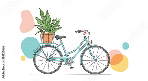 Chic and stylish hand-drawn illustration of a vintage blue city bicycle with a wicker basket carrying a lush houseplant, complemented by trendy abstract shapes.