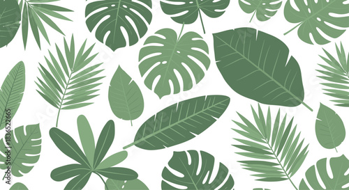 Lush seamless pattern of various green tropical leaves, including monstera and palm, creating a dense and vibrant jungle-themed botanical background.